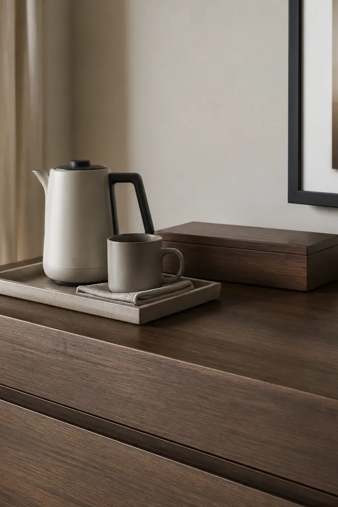 A dresser with a shallow coffee setup on the top left corner. A small tray holds a kettle, a mug, and a folded napkin. A closed wooden box sits behind it with a drawer organizer inside.