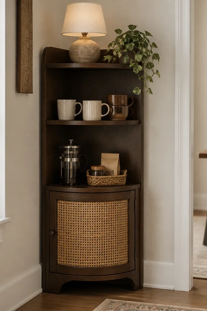 A corner shelf unit with two open shelves and a small wicker-front cabinet below. The top shelf has a lamp, the middle shelf has mugs, and the cabinet holds coffee supplies.