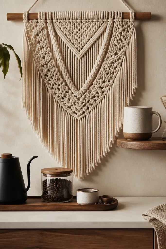 A macrame wall hanging behind a compact coffee station. A small round shelf holds a mug and a small pour-over dripper. A beige macrame cord creates a soft backdrop.