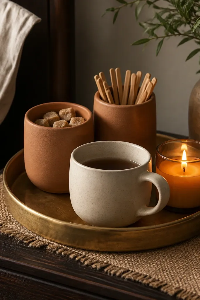 A brass tray on a nightstand with a burlap runner under it. Terracotta canisters hold sugar and stir sticks. A single warm amber candle sits beside a mug.