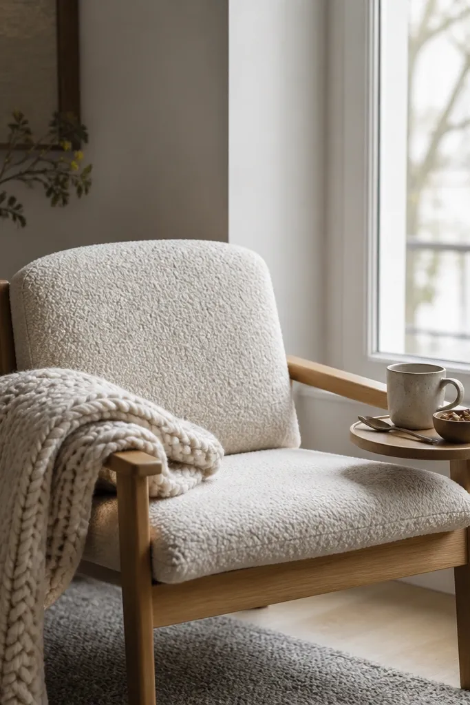 A small chair near a window with a boucle cushion. A tray on the arm holds a mug, a spoon, and a small bowl of snacks. A chunky knit throw hangs off the chair.