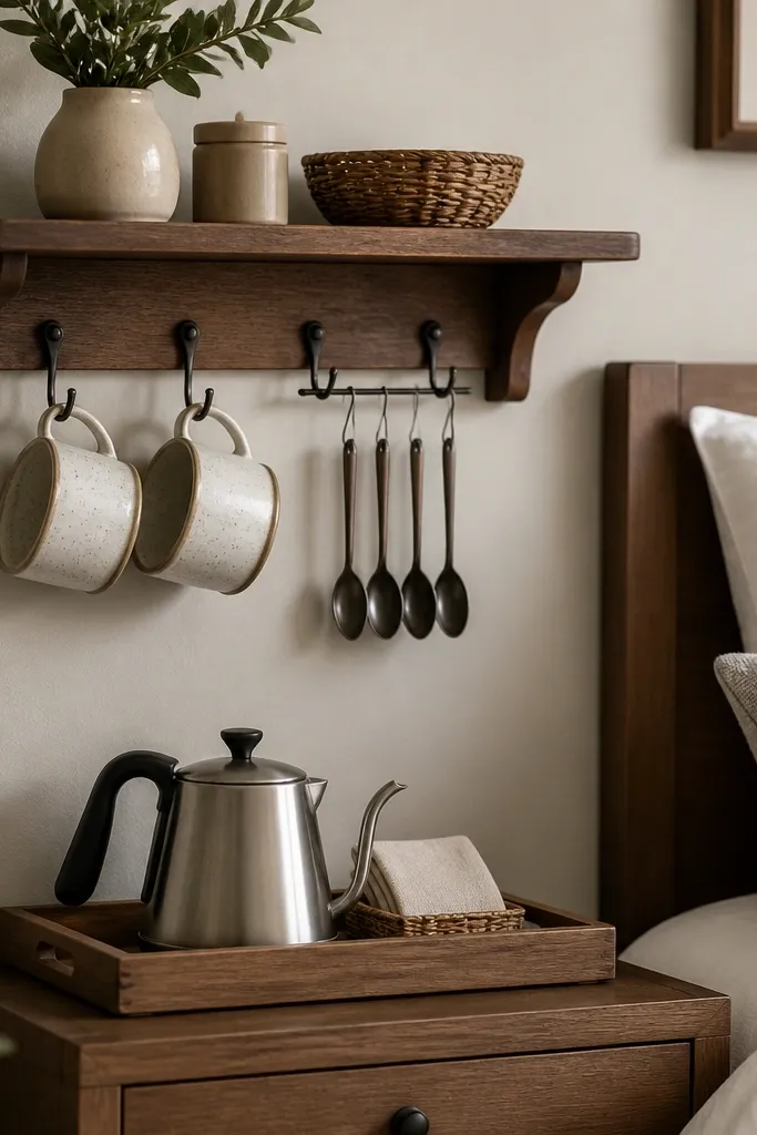 A shelf mounted above the bed's side table. Hooks hang from the underside with two mugs and a spoon rack. A small tray below holds a kettle and napkins.