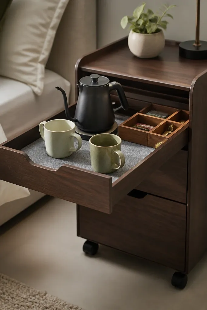 A compact rolling drawer unit next to the bed. The top drawer pulls out like a tray with a kettle base, mugs, and a small organizer. The drawer slides closed with a soft mat inside.
