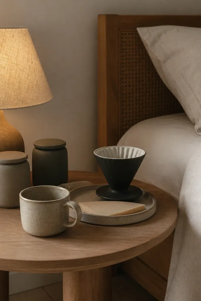 A tiny round corner table next to a bed with a warm linen lampshade. Two matte ceramic canisters sit near a mug. A small round tray holds a dripper and filter papers.