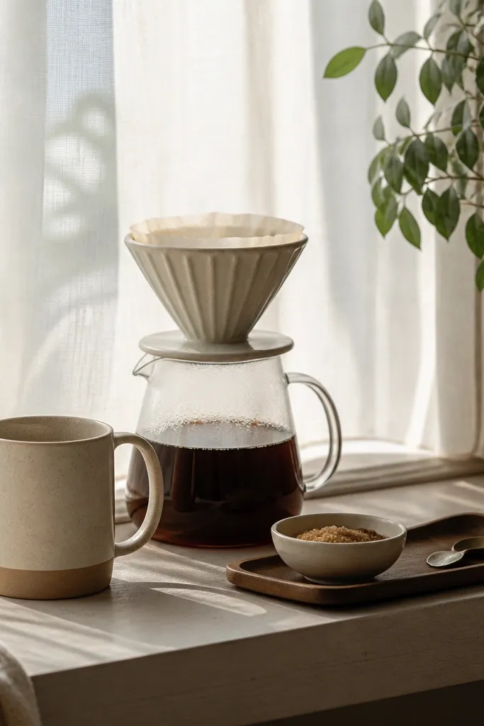 A coffee setup on a window ledge. A sheer curtain filters light behind a mug and a small pour-over dripper. A small tray holds sugar and a spoon, and a plant sits at the far end.