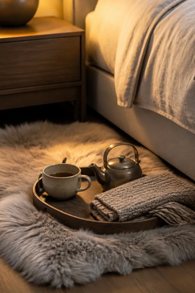 A small faux fur rug on the floor beside a bed. A low tray sits on the fur with a mug, a small kettle, and a folded blanket. Warm lamp light hits the fur.