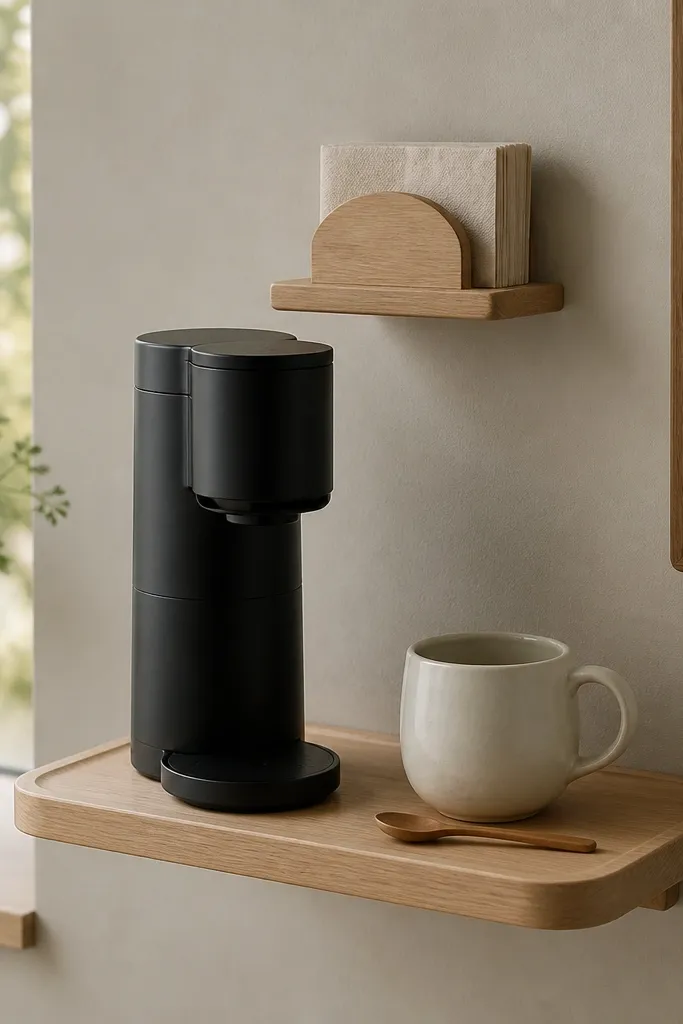 A matte black compact coffee brewer on a light wood floating tray mounted to the wall. A cream mug sits next to a small wooden spoon. A small shelf above holds a napkin holder.