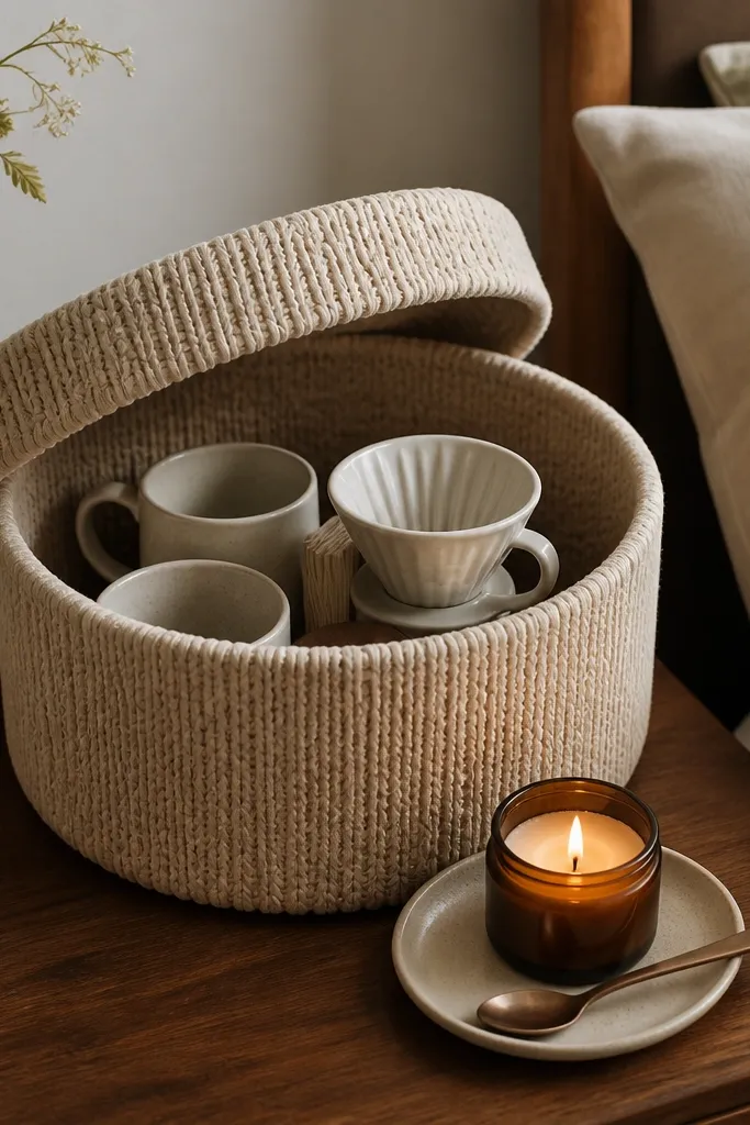 A large knit basket with a lid sits on a nightstand. Inside are mugs, filters, and a small pour-over dripper. A small tray on top holds a candle and a spoon.
