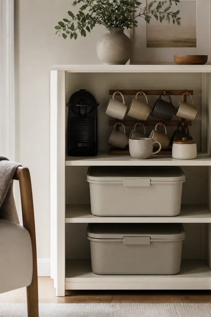 A small bookshelf painted warm white with one shelf dedicated to coffee. A ceramic mug rack sits on that shelf. Two stackable bins with lids sit in lower shelves.