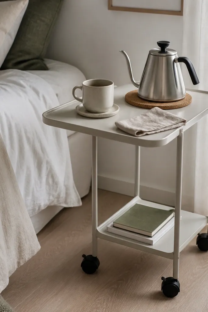 A small tray table on wheels parked beside a bed. The tray has a cork mat underneath a kettle. A mug sits on a ceramic coaster. A small linen napkin is folded beside it.