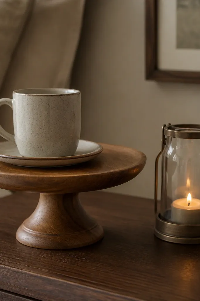 A small pedestal stand on a nightstand. A single mug sits on top with a saucer, and a small candle lantern sits beside it. The pedestal has a warm wood finish.
