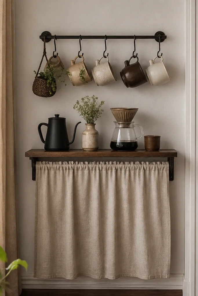 A narrow console tray on a wall with a small coffee setup. A curtain rod above holds small hooks with mugs. A short drop cloth panel hides supplies behind the tray.