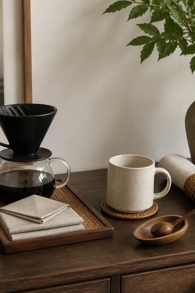 A small coffee corner on a dresser with a folded napkin set like a hotel bed. A mug sits on a matching coaster. A rolled linen napkin and a small wooden spoon holder sit beside the tray.