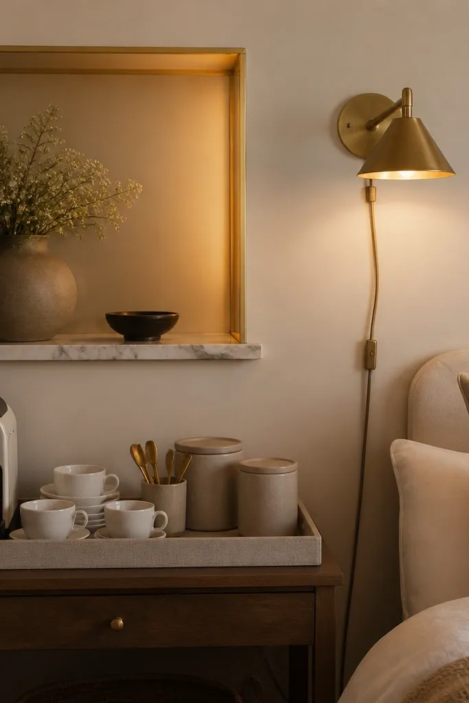 A small bedroom coffee nook built into the wall: a brass-trimmed niche holds a marble-look shelf. Below it sits a cream linen tray on a slim wooden console, with a white ceramic espresso cup set, a small brass-handled spoon crock, and two canisters in soft beige. Warm light from a plug-in wall sconce creates a golden glow on the shelf edges.