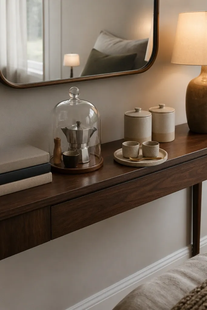 A narrow console against a bedroom wall with a dark walnut finish. On top are three neatly stacked books with their spines facing forward, a glass cloche covering a small espresso setup, and two identical ceramic canisters. A small round tray holds two cups and a tiny gold spoon. A wall mirror behind reflects the corner, and a soft table lamp sits at the far side.