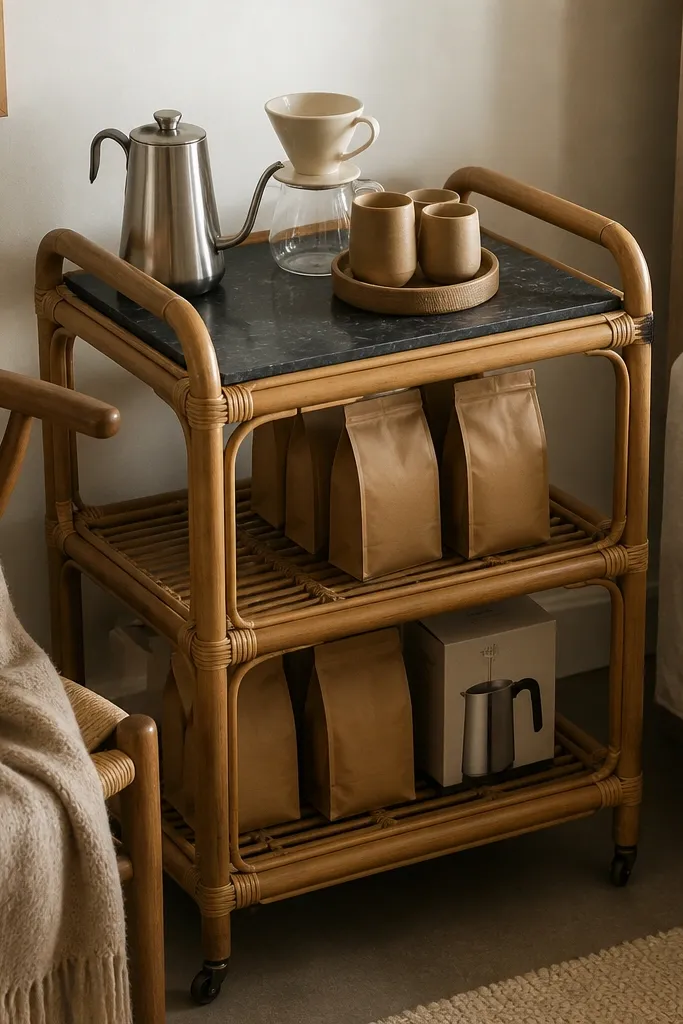 A rattan bar cart in a bedroom corner with a black marble-look tabletop. The top holds a chrome-free kettle in brushed steel, a cream pour-over dripper, and a small tray with latte-colored cups. Two lower shelves hold sealed coffee bags in tan kraft-style packaging and a milk frother box. A soft throw blanket is draped over a nearby chair, echoing the warm beige palette.