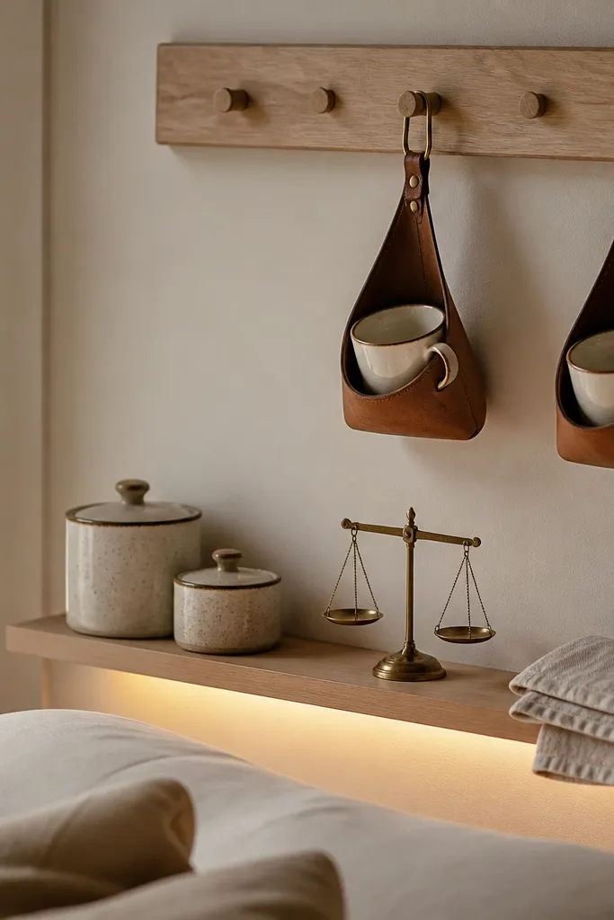 A bedroom wall has a light wood peg rail with small hooks. Leather cup holders hang neatly with two mugs inside. A narrow shelf below holds a ceramic canister set, a tiny brass scale, and a folded linen towel. A small plug-in LED strip under the shelf casts a warm glow on the leather and ceramic.