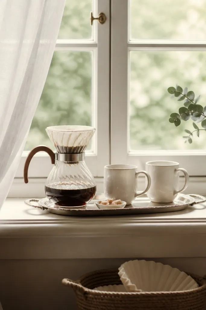 A bedroom window sill has a silver tray with a glass pour-over kettle, a small dish of sugar cubes, and two matching white mugs. Sheer curtains float beside the setup, and a small vase with eucalyptus sits to the side. Under the sill, a low basket holds extra filters. The light from the window makes the tray glint softly.