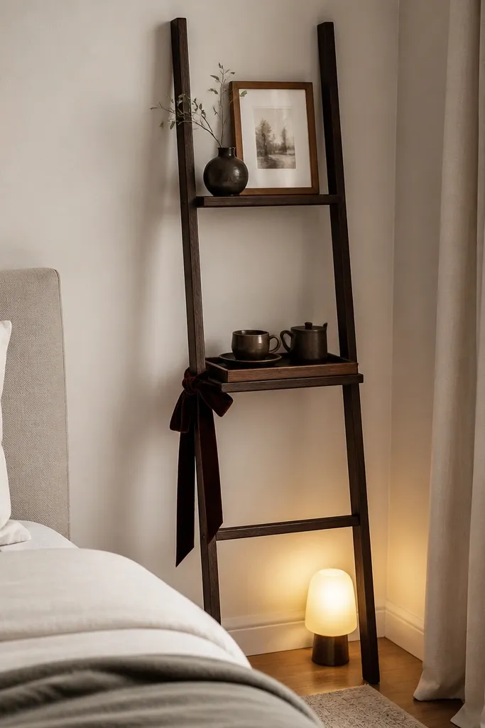A narrow ladder shelf placed in a bedroom corner. The second rung holds a bar-height tray with a dark espresso cup set. The top shelf has a small vase and a framed print. A velvet ribbon is tied around the ladder rung near the tray, and a warm table lamp glows from the floor.