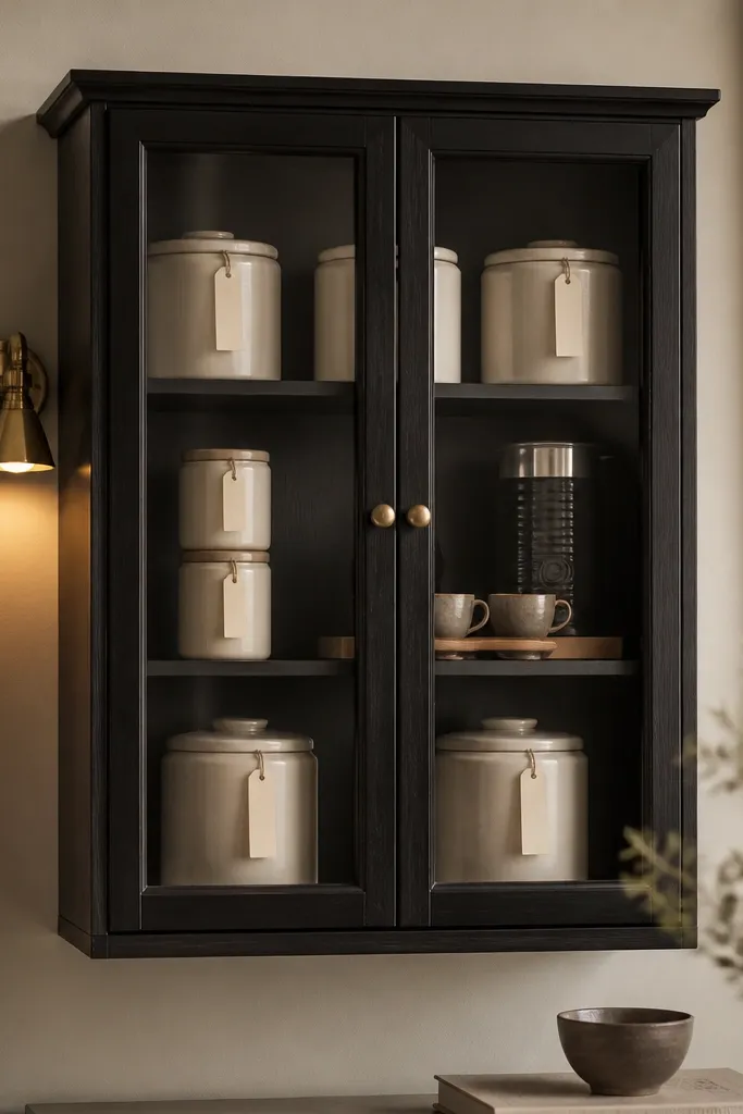 A small black wall cabinet with glass doors in a bedroom. Inside are neatly arranged ceramic canisters labeled with minimal cream tags. Two espresso cups sit on a small riser, and a milk frother sits behind them. Outside the cabinet, a tiny brass sconce casts light through the glass.