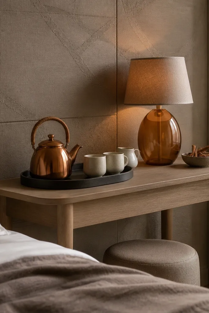 A bedroom corner with a textured wall panel in warm taupe behind a slim light wood console. On the console sits a dark tray with a copper kettle, two cream cups, and a small ceramic creamer. An amber glass table lamp lights the corner, and a small bowl holds cinnamon sticks.