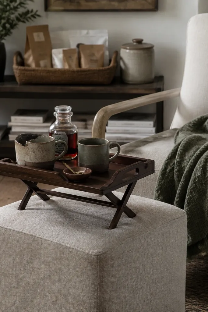 A small linen ottoman sits next to a reading chair. A foldable tray table rests on top with two mugs, a small glass syrup bottle, and a spoon dish. Behind it, a low shelf holds coffee bags in a woven basket and a ceramic canister. The whole corner looks soft and lived-in.