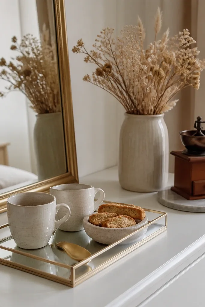 A white bedroom dresser corner with a gold-framed mirror leaning above it. On the dresser is a mirrored tray holding a gold spoon rest, two cups, and a small bowl of biscotti. A tall vase with dried flowers sits behind the tray, and a small coffee grinder rests on a coaster.