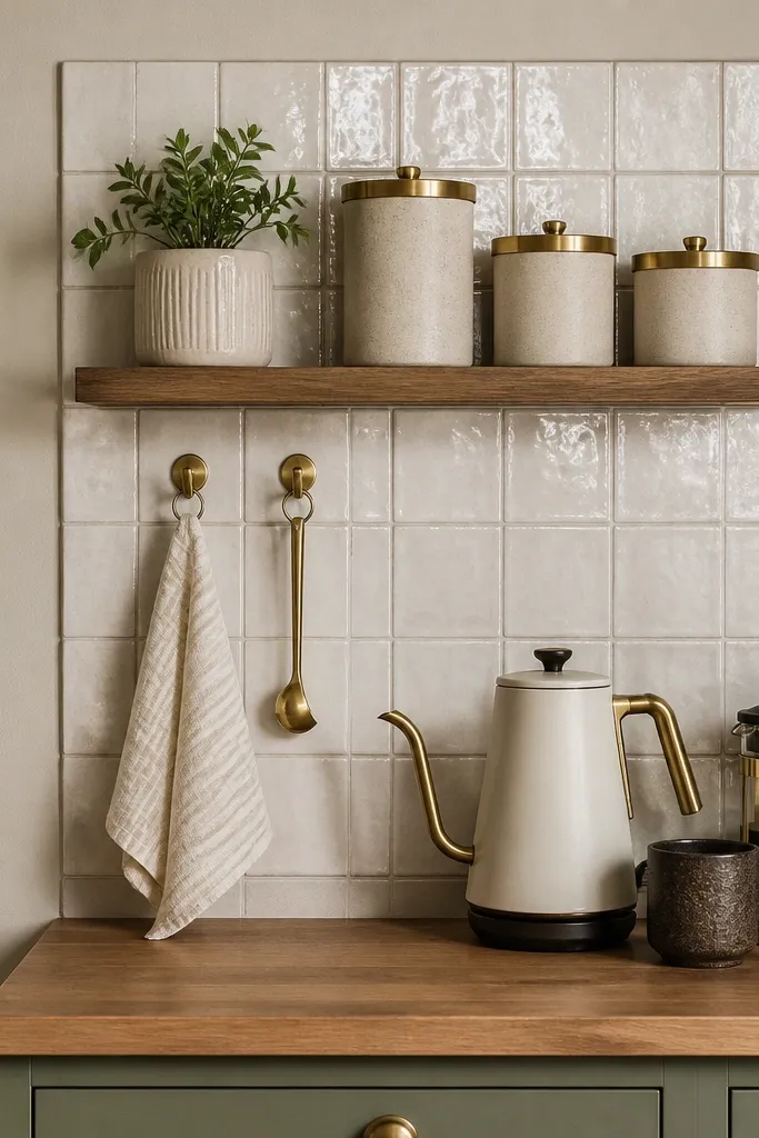 A small faux backsplash panel in glossy ceramic tile behind a compact coffee station. Brass hooks hold a small towel and a slim utensil. A narrow shelf holds canisters with matching brass lids, and a compact kettle sits on a small counter. The tile reflects light and looks like a mini kitchen.