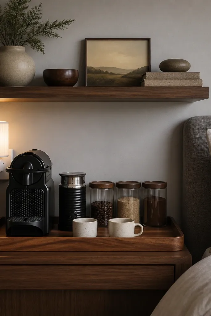 A walnut floating shelf mounted above a bed-side coffee bar. Under the shelf, a warm wood tray holds a small espresso machine, a milk frother, and two cups. Three walnut-lidded canisters line the back of the tray. The wall is painted a soft warm gray, and a small plug-in lamp lights the shelf.
