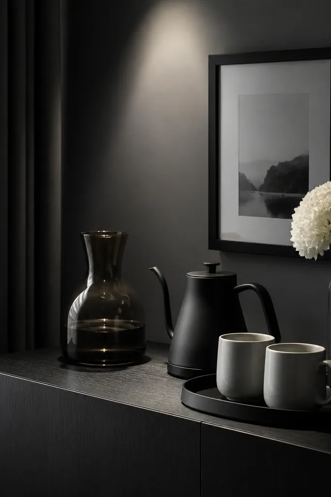 A monochrome corner with a matte black console. On top is a smoked glass carafe, a black kettle, and cream mugs on a black tray. A single small bouquet of white flowers sits in a black vase. The wall has a black picture frame, and a small spotlight creates a dramatic highlight on the glass.