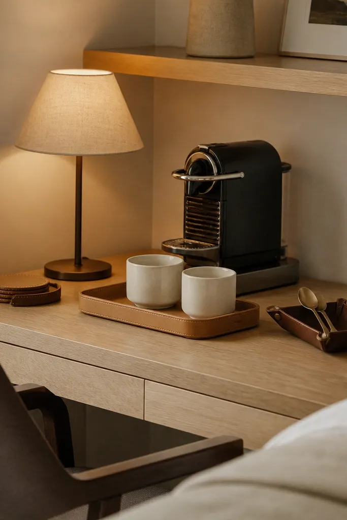 A bedroom desk corner with a pale oak desk and a small shelf above. On the desk sits a leather coaster stack, a tan tray, and two off-white cups. A compact espresso machine sits behind the cups, and a leather catchall holds spoons. The wall is a soft cream, and a desk lamp with a linen shade glows over the tray.