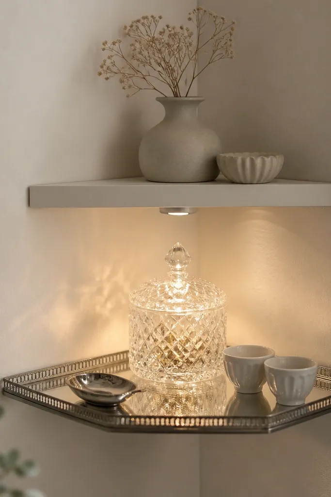 A corner wall has a small floating shelf with a mirrored tray below it. On the mirrored tray is a crystal-cut sugar jar, a small silver spoon rest, and two small cups. A warm light from a plug-in shelf light illuminates the crystal jar, creating sparkle.