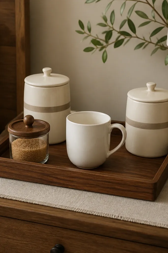 A coffee corner on a nightstand. A light beige linen runner sits under a rectangular walnut tray. Two matching ceramic canisters (matte cream with a thin taupe label stripe) sit at the back corners, with a small jar of sugar in front. A single white mug is centered.