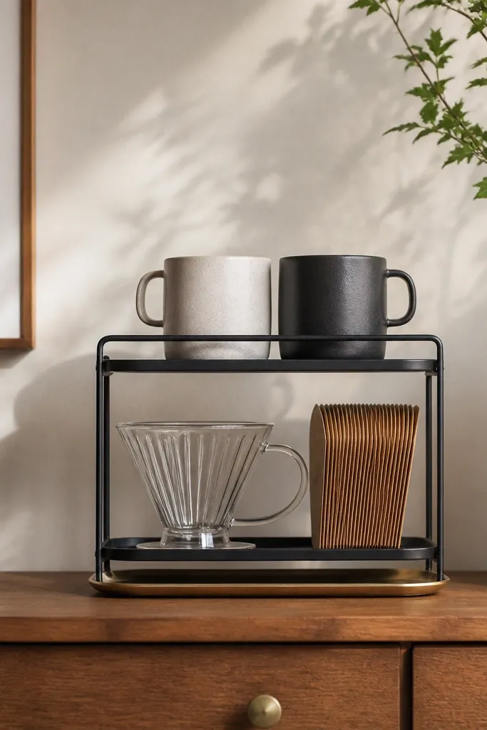 A small black metal two-tier stand sits on a dresser. The top shelf holds two mugs with handles facing outward. The bottom shelf holds a glass pour-over dripper and a stack of filter packets. A thin gold tray lip peeks out underneath.