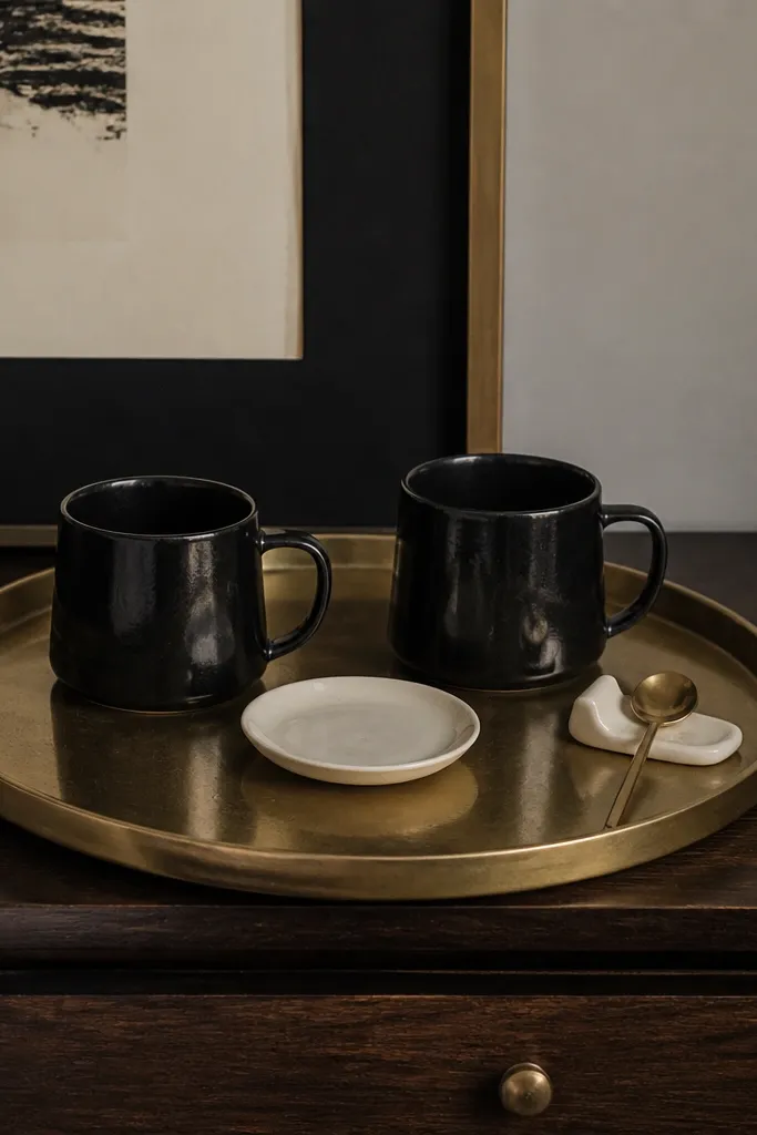 A round brass tray on a dark wood nightstand. Two black ceramic mugs sit side by side with a small white saucer between them. A tiny brass spoon rests in a ceramic holder. Behind the tray is a framed print with a black mat and off-white paper.