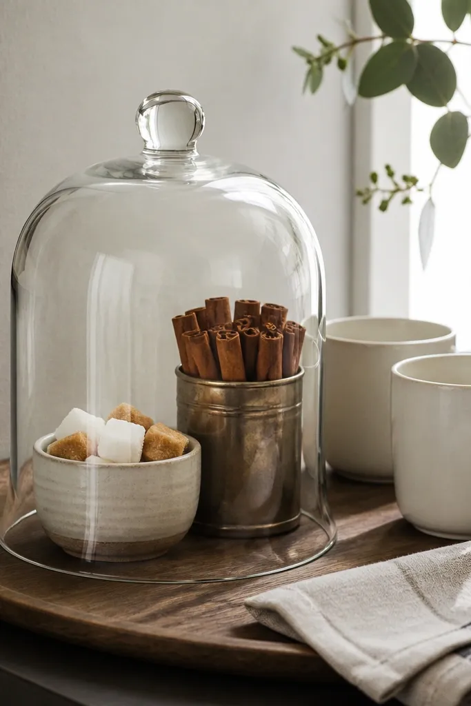 A clear glass cloche sits on the corner tray. Under it is a small ceramic bowl of sugar cubes and a tin of cinnamon sticks. Around the cloche are two white mugs and a folded linen napkin.