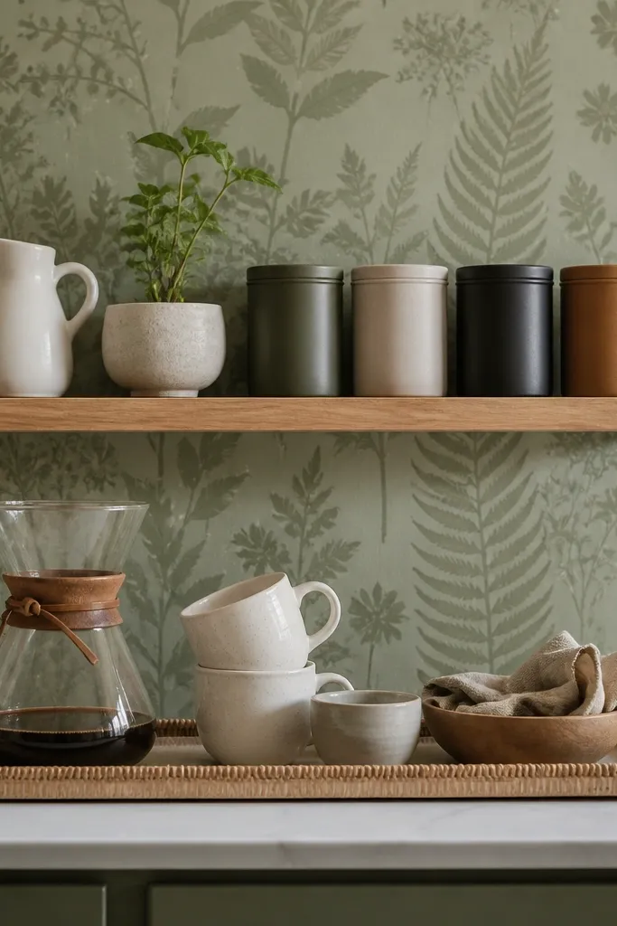 A small floating shelf mounted behind a coffee tray. The wall behind it has a subtle botanical wallpaper in sage green. On the shelf are a white ceramic pitcher, a small plant in a matte pot, and a row of coffee tins.