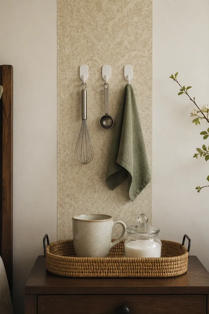 A narrow vertical strip of patterned wallpaper on the wall behind a nightstand. A row of three small command hooks holds a whisk, a coffee scoop, and a small towel. The coffee tray below has a single mug and a sugar jar.