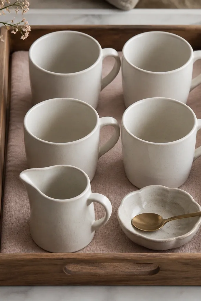 A rectangular tray lined with a muted blush fabric. Four mugs are arranged in a neat 2x2 grid, handles aligned. A small pitcher and a spoon dish sit at the front edge.