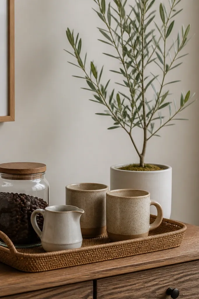A coffee corner with a tray on a dresser and a tall slim plant in a white pot behind it. The tray has a glass jar, a small ceramic creamer, and two mugs. The plant leaves reach up past the top of the mugs.
