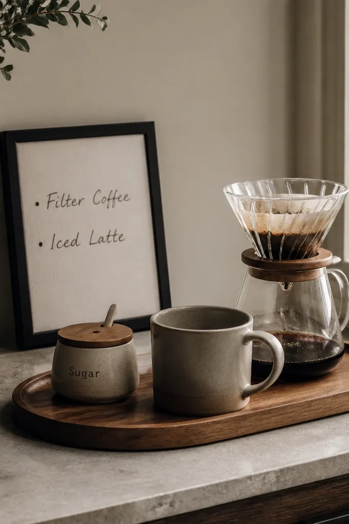 A small black frame leaning against the wall behind a coffee tray. Inside is a board with handwriting listing two drinks. The tray has a pour-over dripper, a mug, and a small jar labeled 'Sugar'.