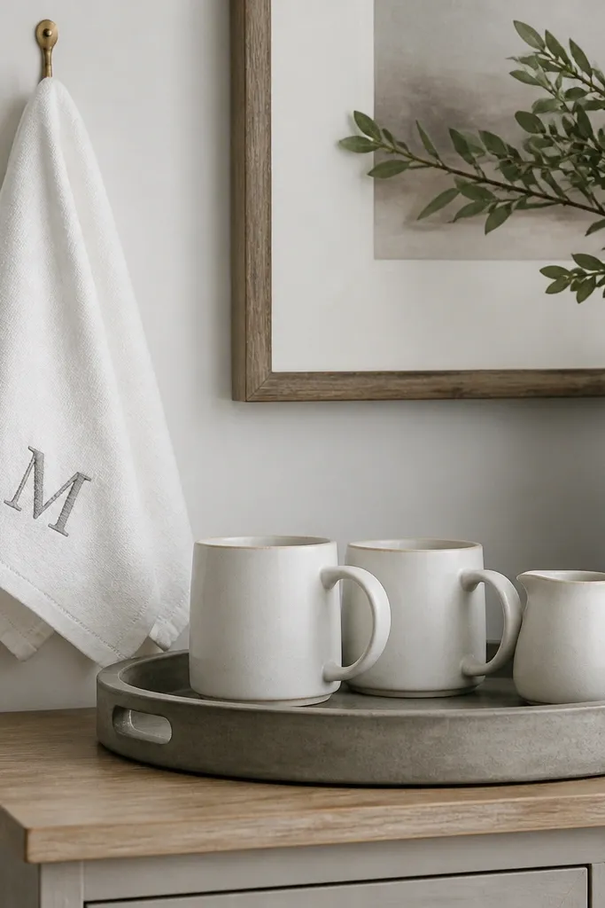 A small white monogram towel hangs from a hook beside a coffee tray. The towel has a single letter in muted gray. On the tray are two white mugs and a small creamer pitcher in matte stoneware.