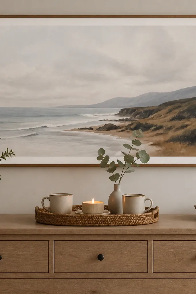 A large landscape art print hangs above a dresser. The coffee tray sits centered below it with two mugs, a small tray candle, and a single faux eucalyptus stem in a bud vase.