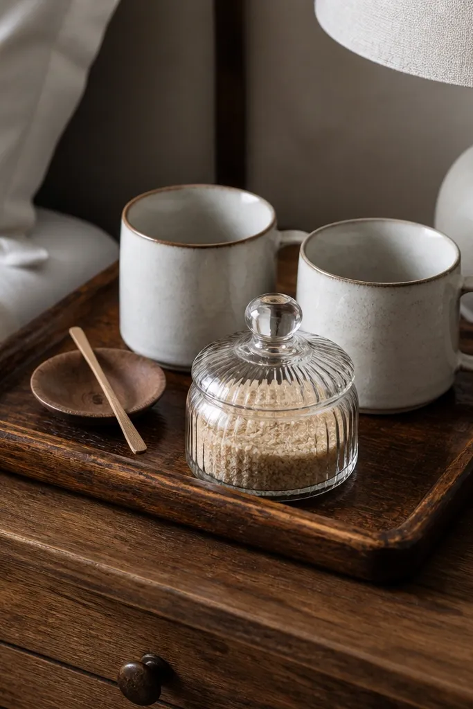 A worn wooden tray with a slightly glossy patina sits on a nightstand. A small wood spoon rest holds a wooden coffee stirrer. Two cream mugs sit behind a glass sugar jar.