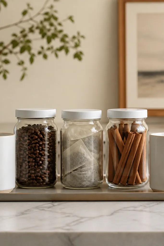 Three clear glass jars with white lids sit on a tray. One jar holds coffee beans, one holds tea bags, and one holds cinnamon sticks. Two white mugs flank the jar row.
