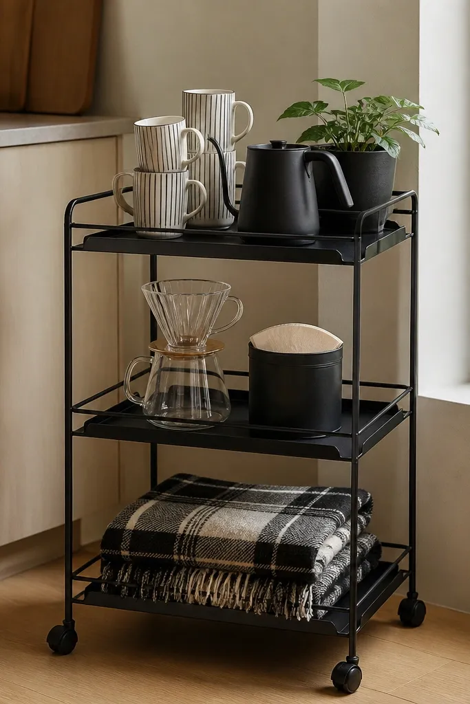 A small rolling cart holds a coffee setup. The top shelf has a stack of black-and-white striped mugs. The middle shelf has a glass dripper and a tin of filters. The bottom shelf has a folded plaid throw.