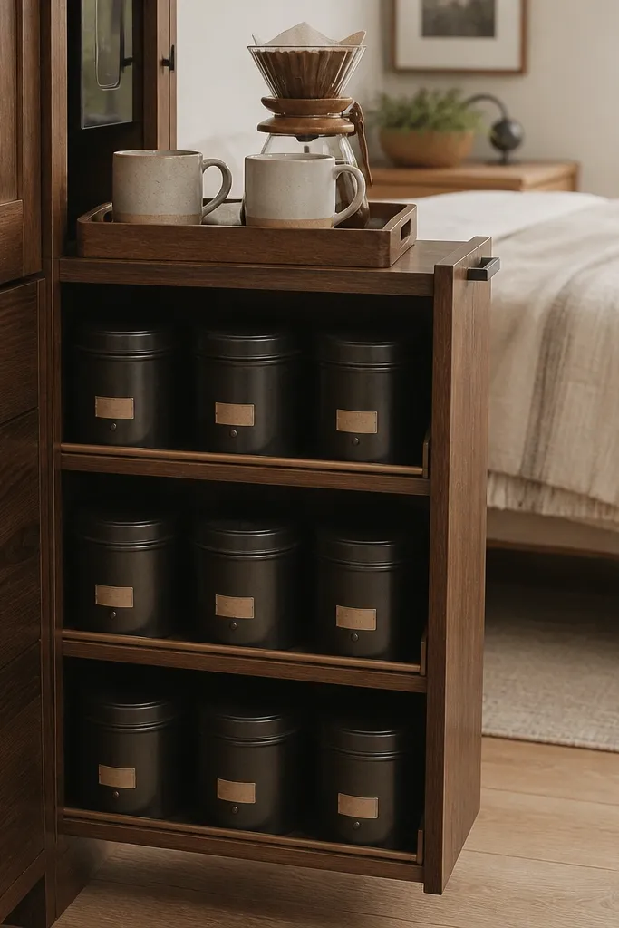 A narrow cabinet side shelf inside a bedroom dresser. Coffee tins are labeled with small tags. A tray sits on the top of the shelf with two mugs and a small pour-over kit.