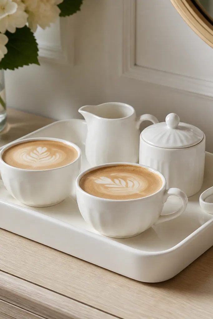 A white ceramic tray with raised edges sits on a dresser. Two latte cups sit inside the tray, and a small ceramic creamer and sugar dish are placed at the back. A matching white spoon rests in a tiny holder.