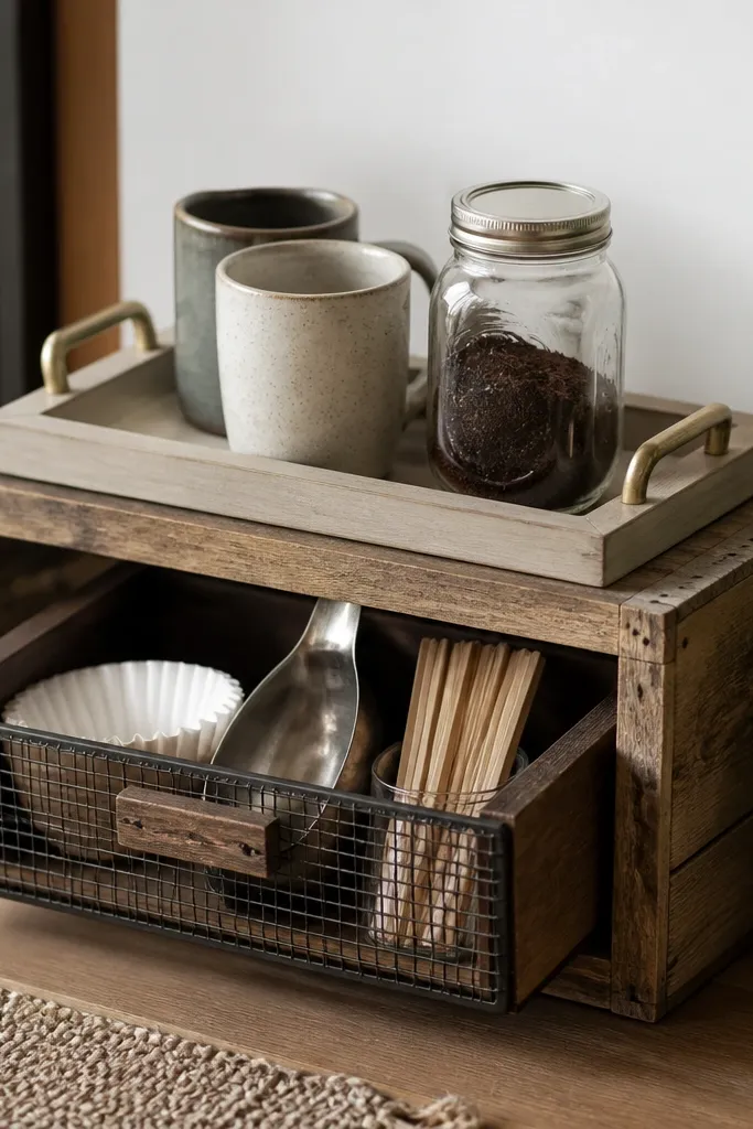 A small reclaimed wood crate sits on the floor or low dresser. A pull-out basket slides out with filters, a scoop, and stir sticks. On top of the crate is a tray with two mugs and a glass jar.