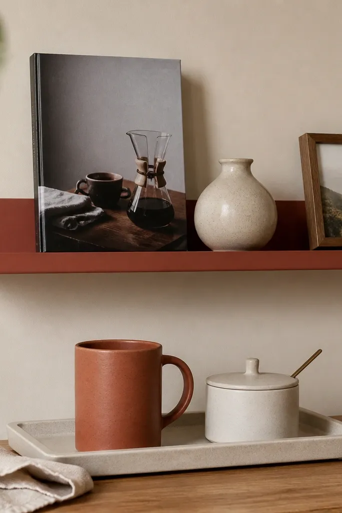 A wall shelf painted in muted terracotta holds one coffee book standing upright and a small ceramic vase. The tray below has a terracotta mug and a cream sugar dish. A small framed photo sits at the shelf end.